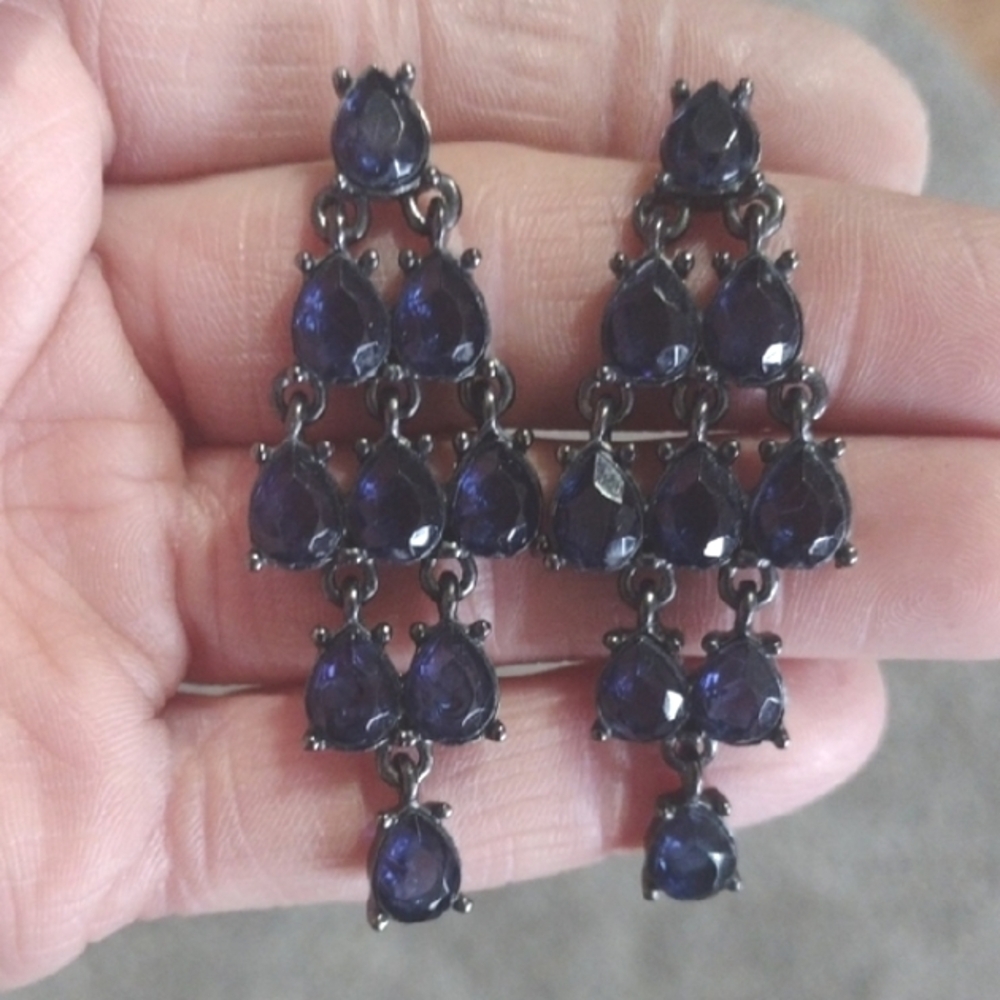 VINTAGE DARK BLUE RHINESTONE PRONG SET DROP DARK GRAY GUNMETAL POST 2.3"EARRINGS
